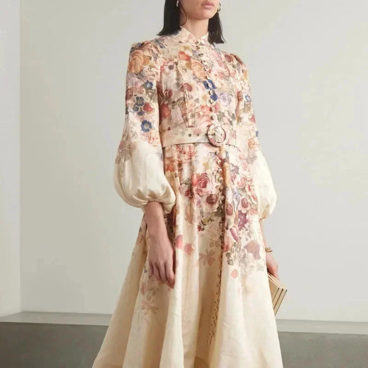 Florence - Elegant Women's Wedding Guest Midi Dress with Balloon Sleeves and Floral Print