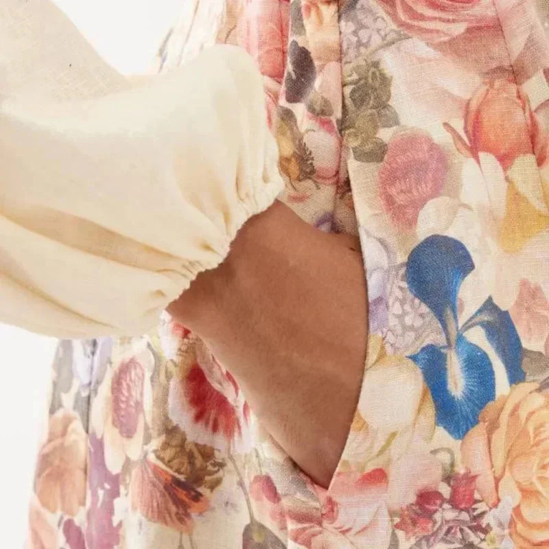 Florence - Elegant Women's Wedding Guest Midi Dress with Balloon Sleeves and Floral Print
