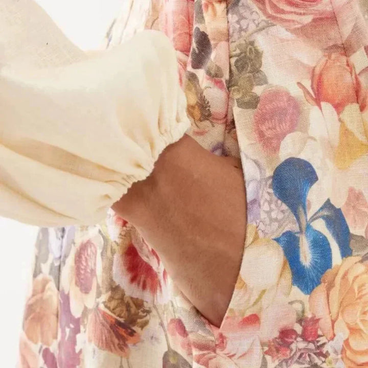Florence - Elegant Women's Wedding Guest Midi Dress with Balloon Sleeves and Floral Print