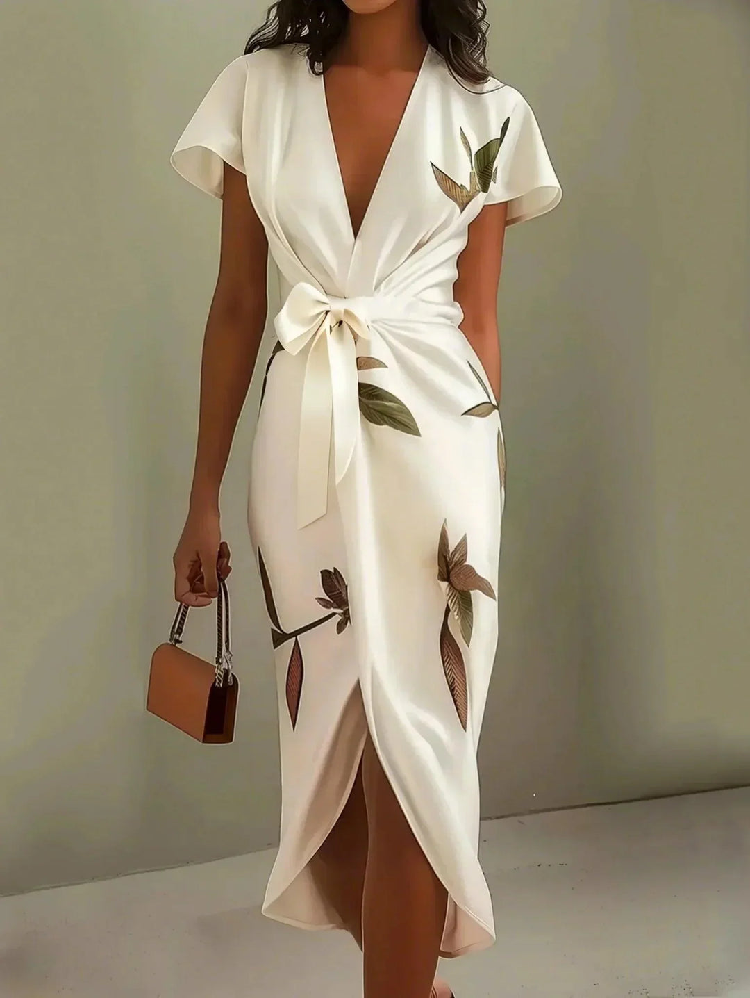 Florence - Elegant Women's Wedding Guest Midi Dress with Deep V Neck and Bow Tie Waist