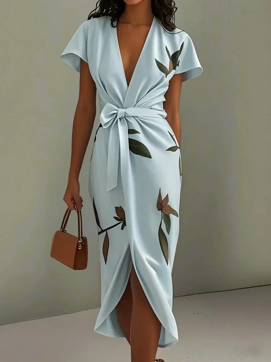 Florence - Elegant Women's Wedding Guest Midi Dress with Deep V Neck and Bow Tie Waist