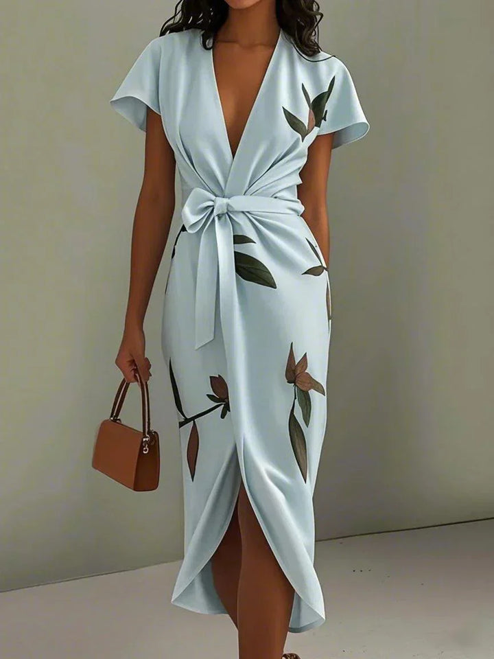 Florence - Elegant Women's Wedding Guest Midi Dress with Deep V Neck and Bow Tie Waist