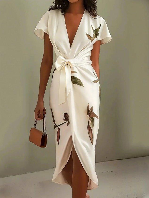 Florence - Elegant Women's Wedding Guest Midi Dress with Deep V Neck and Bow Tie Waist