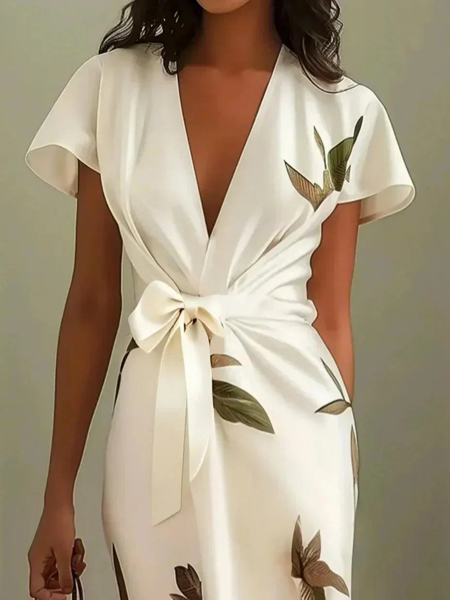 Florence - Elegant Women's Wedding Guest Midi Dress with Deep V Neck and Bow Tie Waist