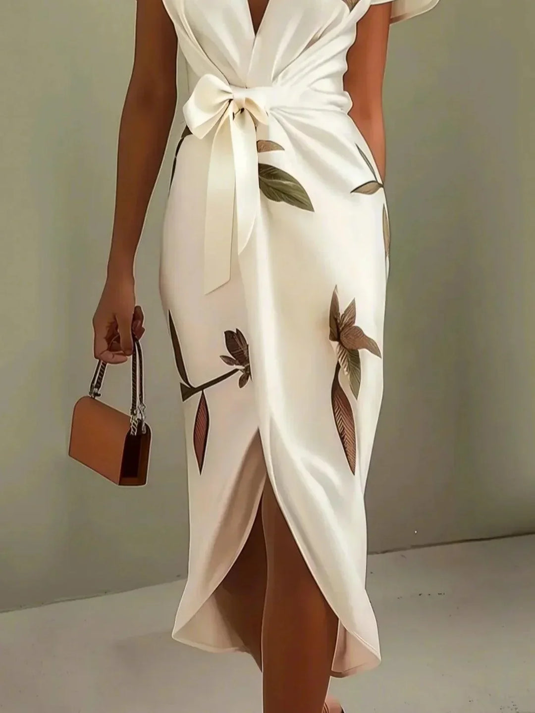 Florence - Elegant Women's Wedding Guest Midi Dress with Deep V Neck and Bow Tie Waist