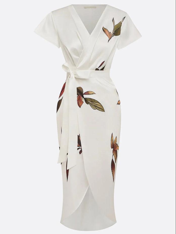 Florence - Elegant Women's Wedding Guest Midi Dress with Deep V Neck and Bow Tie Waist