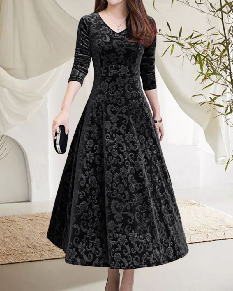 Florence - Formal Women's Wedding Guest Midi Dress with V-Neck and Three-Quarter Sleeves
