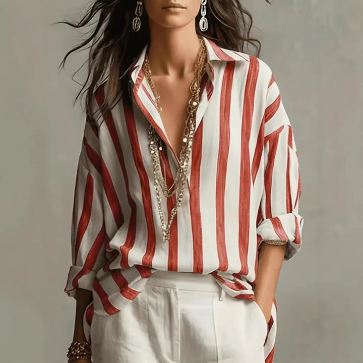 Florence - Oversized Women's Linen Blouse with Collar and Striped Print