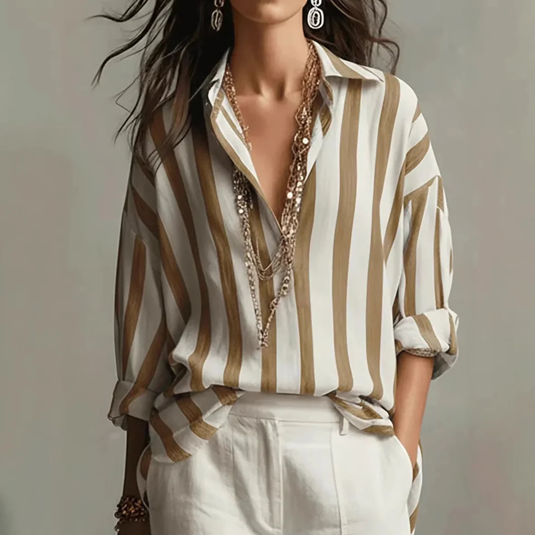 Florence - Oversized Women's Linen Blouse with Collar and Striped Print