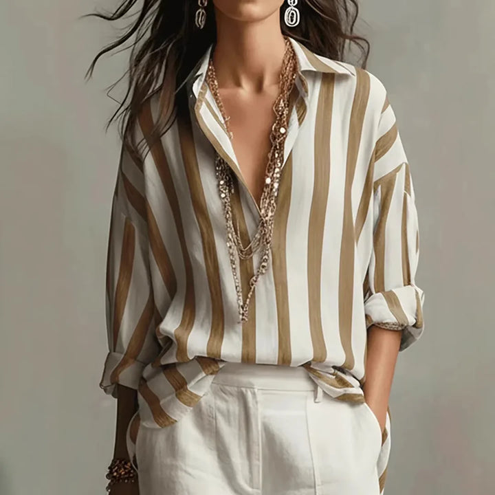 Florence - Oversized Women's Linen Blouse with Collar and Striped Print