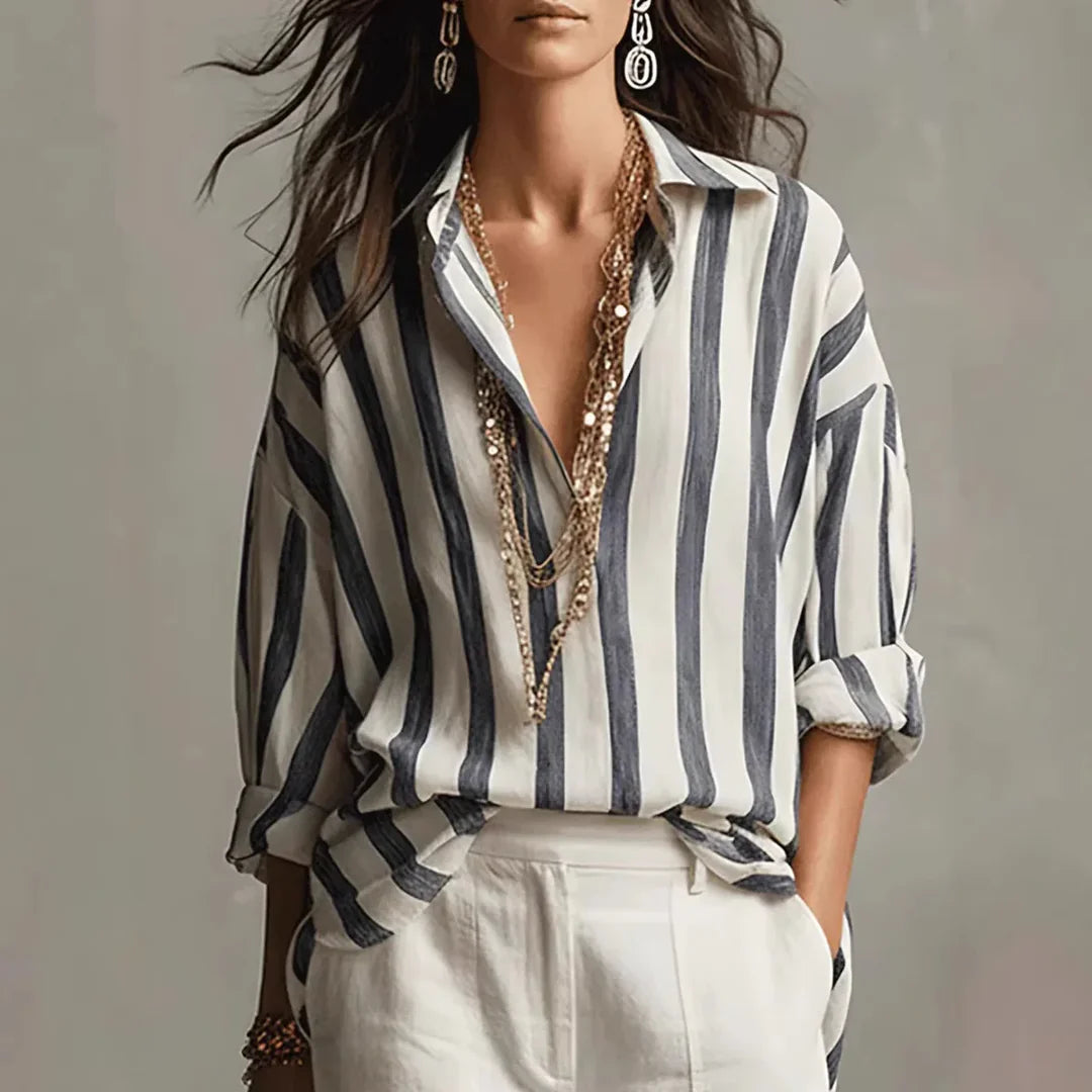Florence - Oversized Women's Linen Blouse with Collar and Striped Print