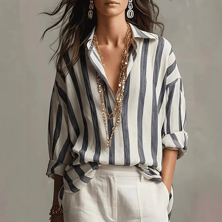 Florence - Oversized Women's Linen Blouse with Collar and Striped Print