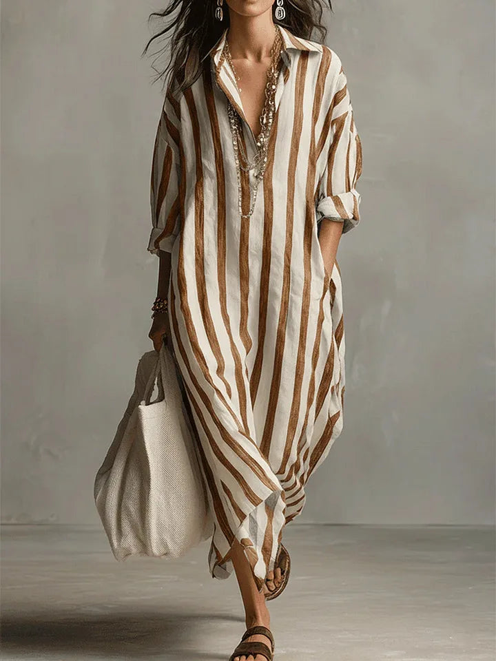 Florence - Relaxed Women's Linen Maxi Dress with Collar Neckline and Striped Print