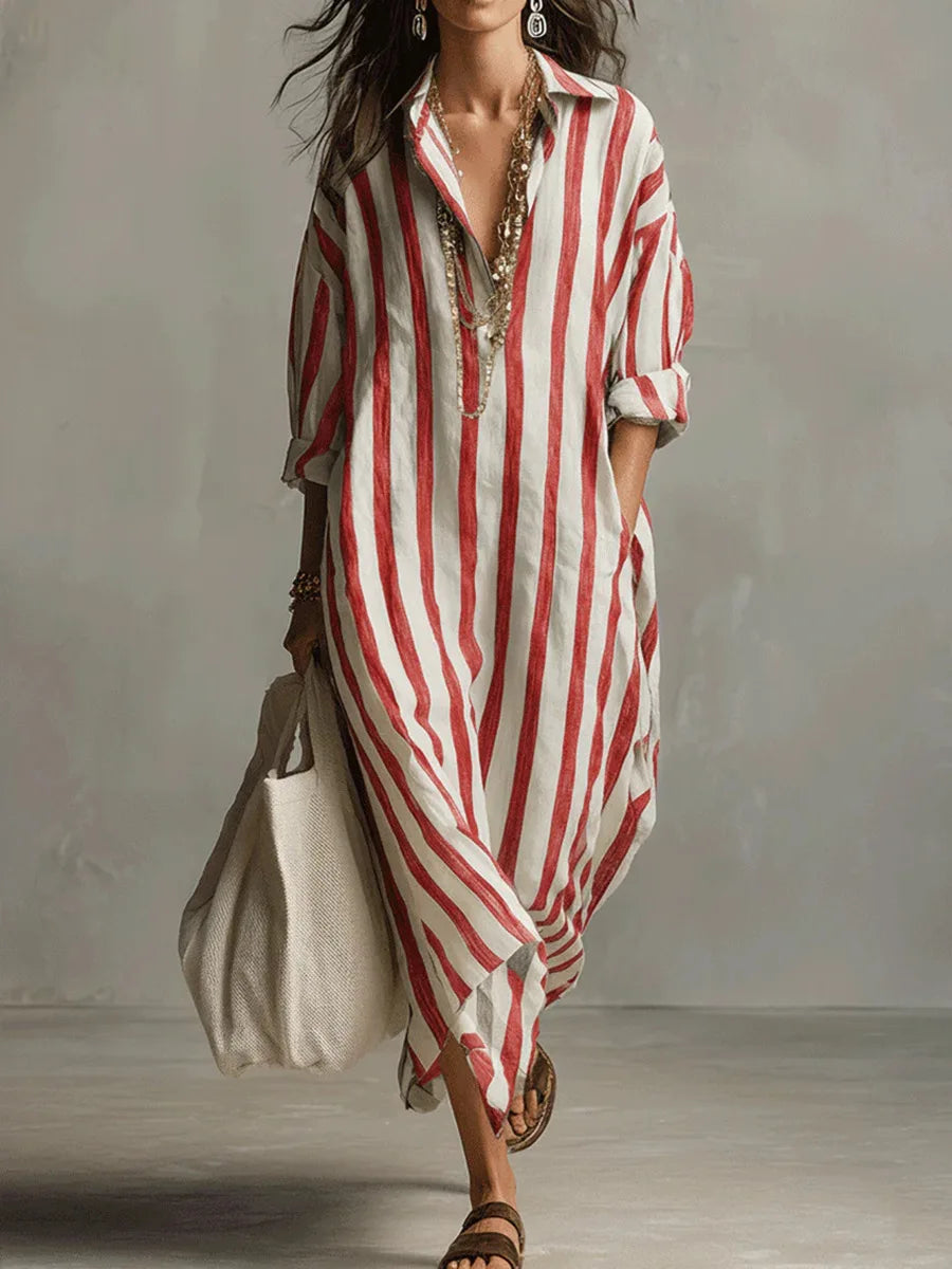 Florence - Relaxed Women's Linen Maxi Dress with Collar Neckline and Striped Print