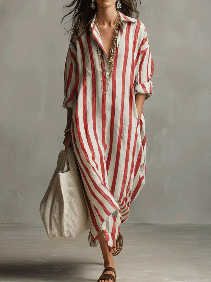 Florence - Relaxed Women's Linen Maxi Dress with Collar Neckline and Striped Print