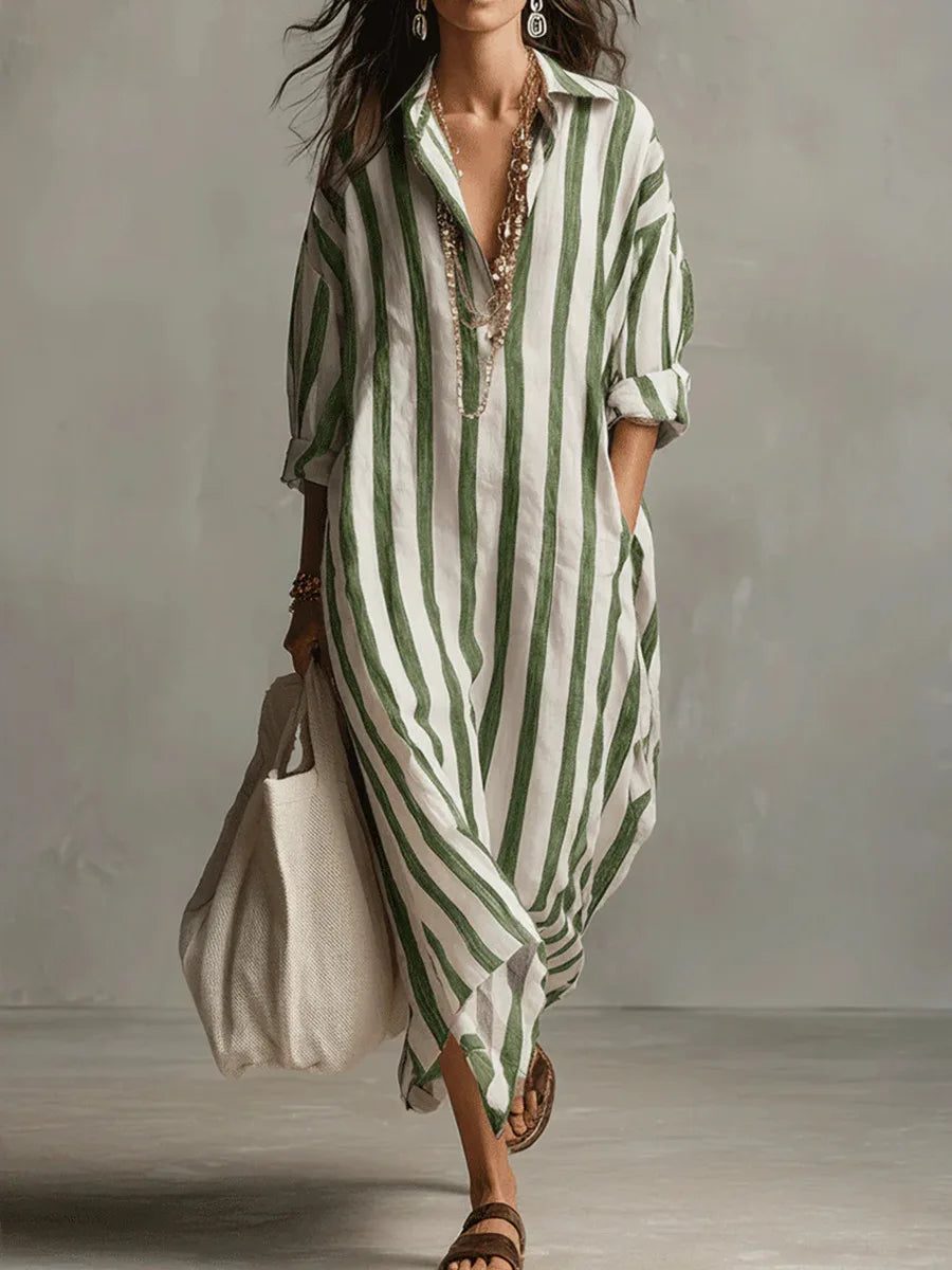 Florence - Relaxed Women's Linen Maxi Dress with Collar Neckline and Striped Print