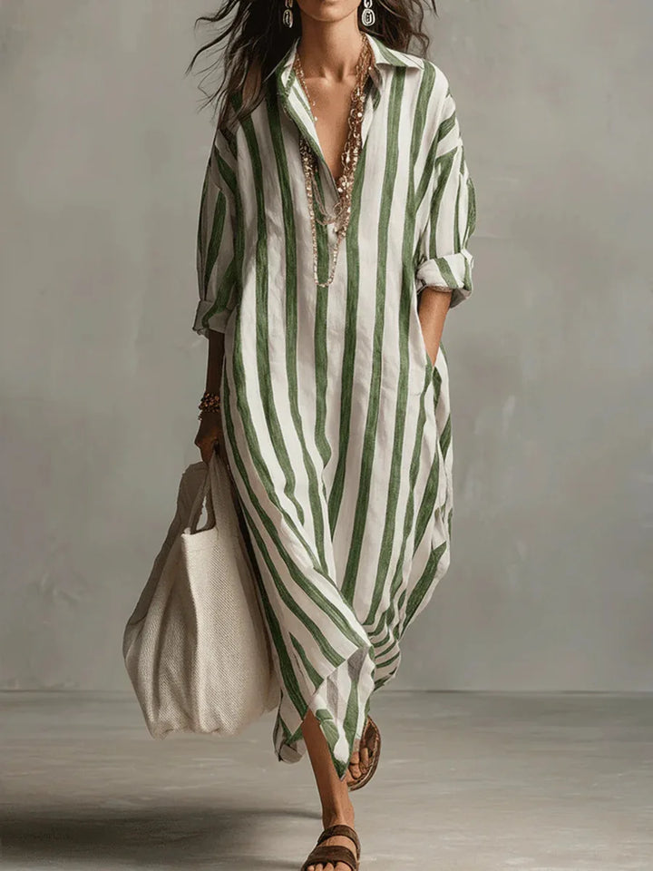 Florence - Relaxed Women's Linen Maxi Dress with Collar Neckline and Striped Print