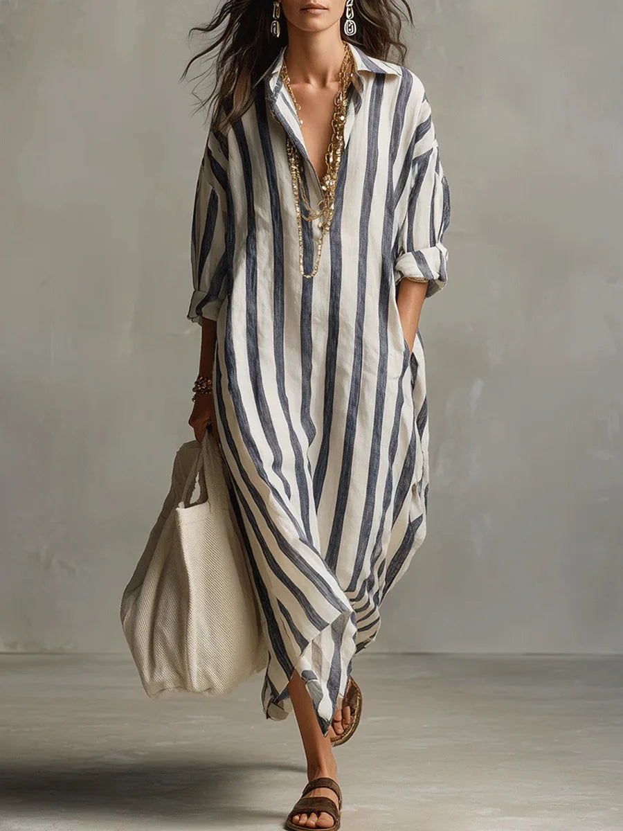 Florence - Relaxed Women's Linen Maxi Dress with Collar Neckline and Striped Print