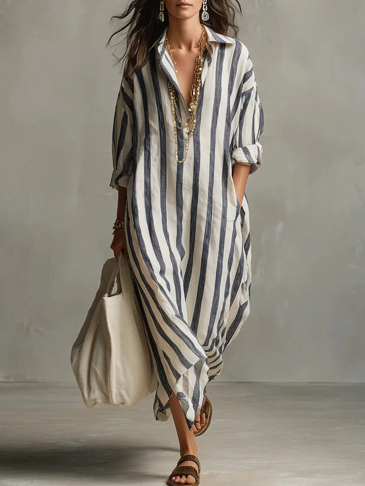Florence - Relaxed Women's Linen Maxi Dress with Collar Neckline and Striped Print