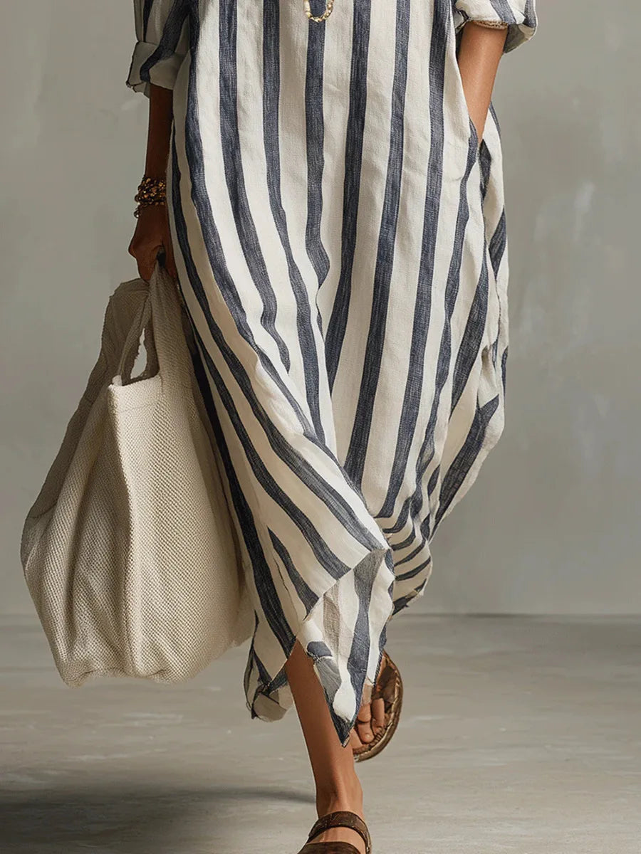 Florence - Relaxed Women's Linen Maxi Dress with Collar Neckline and Striped Print