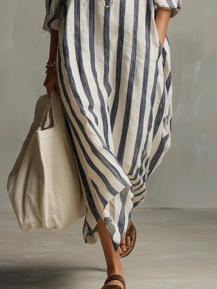 Florence - Relaxed Women's Linen Maxi Dress with Collar Neckline and Striped Print