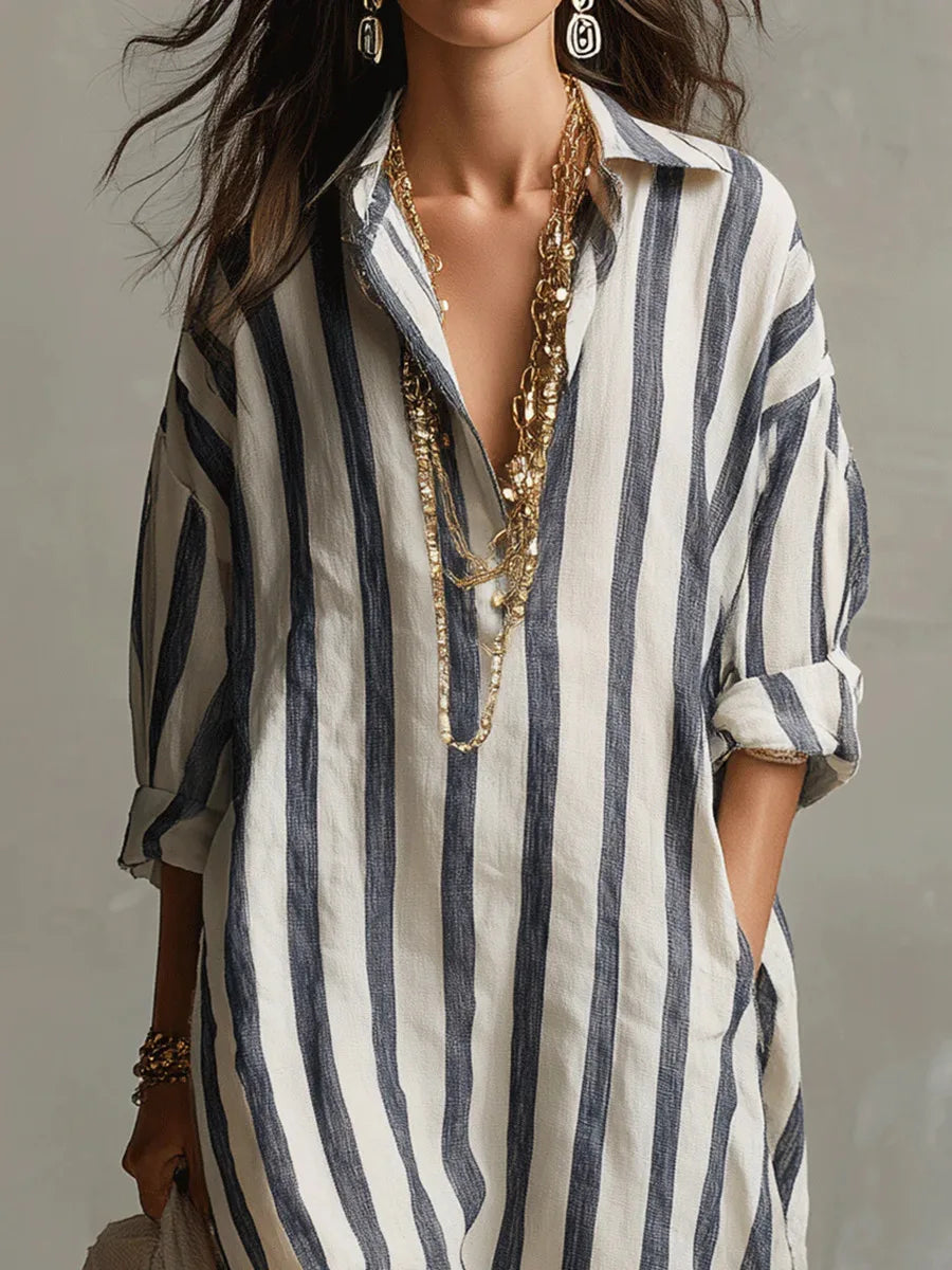 Florence - Relaxed Women's Linen Maxi Dress with Collar Neckline and Striped Print