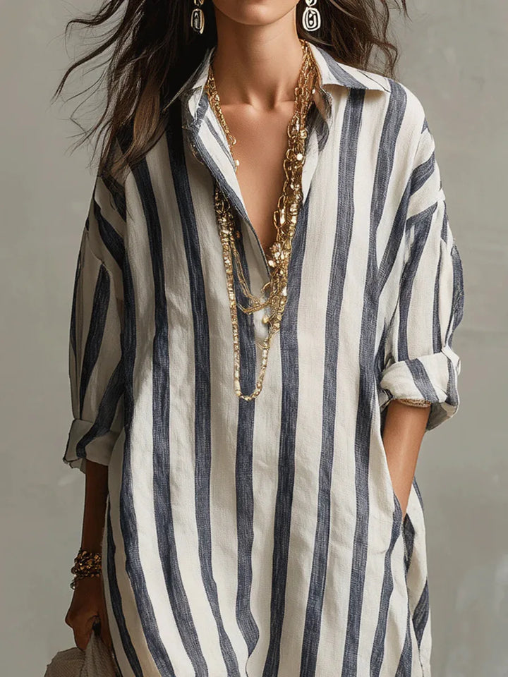 Florence - Relaxed Women's Linen Maxi Dress with Collar Neckline and Striped Print