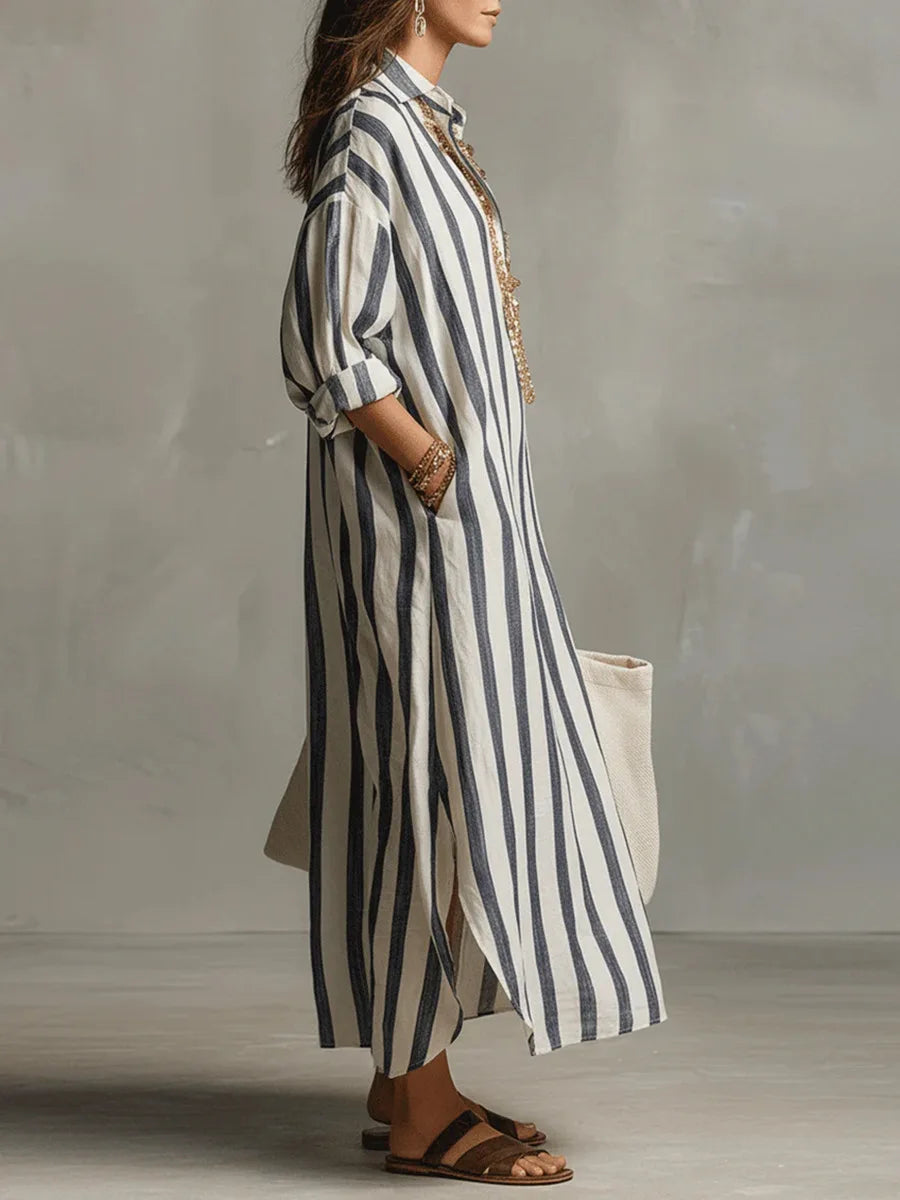 Florence - Relaxed Women's Linen Maxi Dress with Collar Neckline and Striped Print