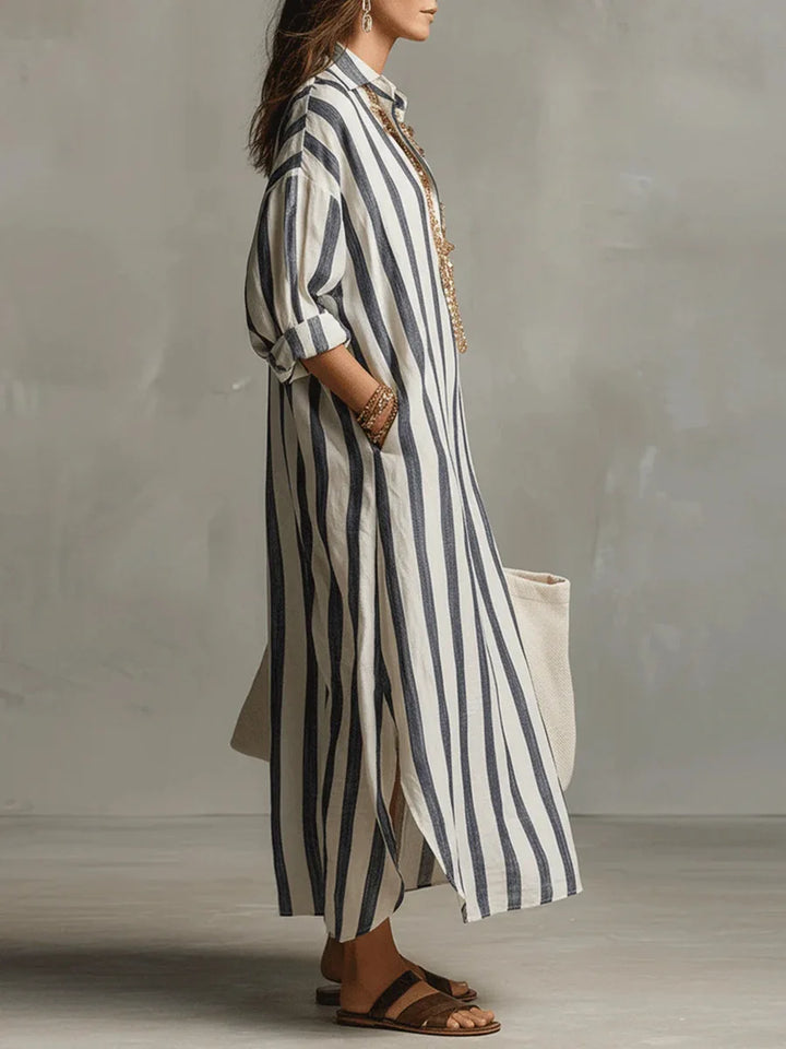 Florence - Relaxed Women's Linen Maxi Dress with Collar Neckline and Striped Print