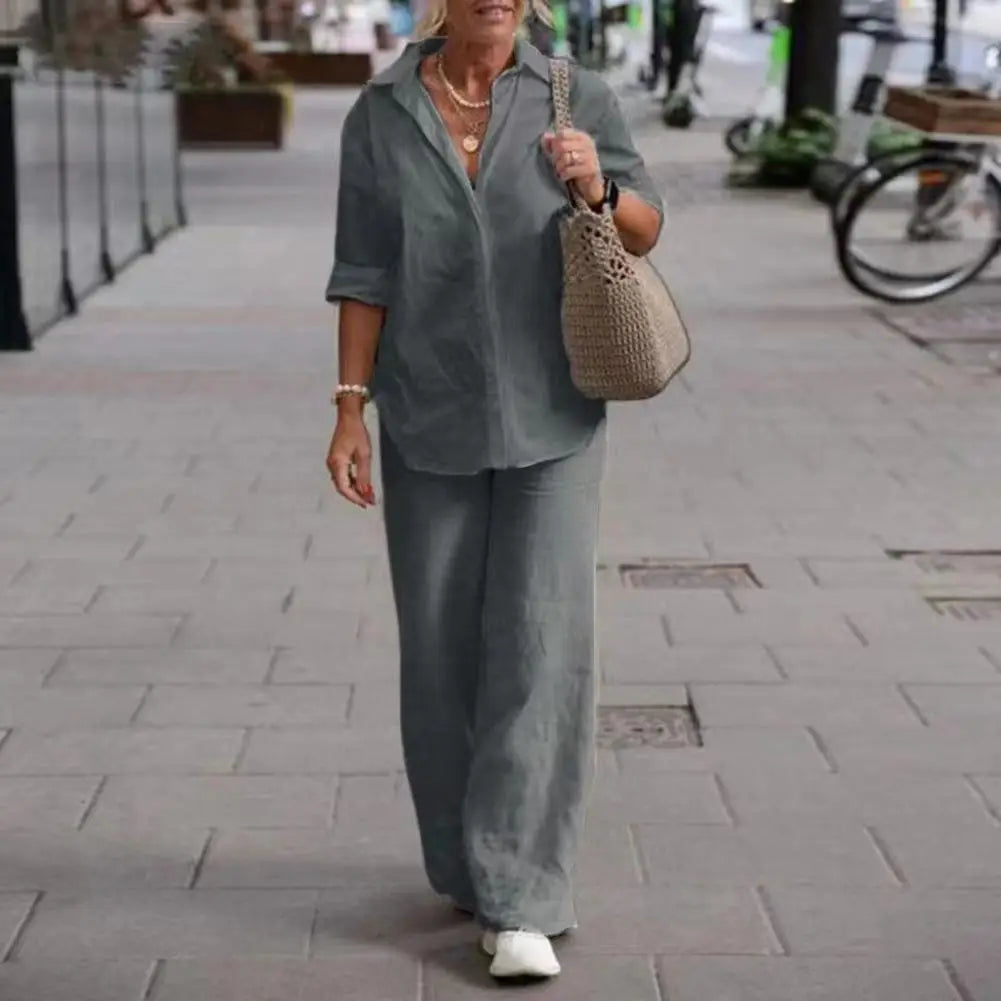Florence - Relaxed Women's Linen Set with Collared Shirt and Wide Leg Trousers