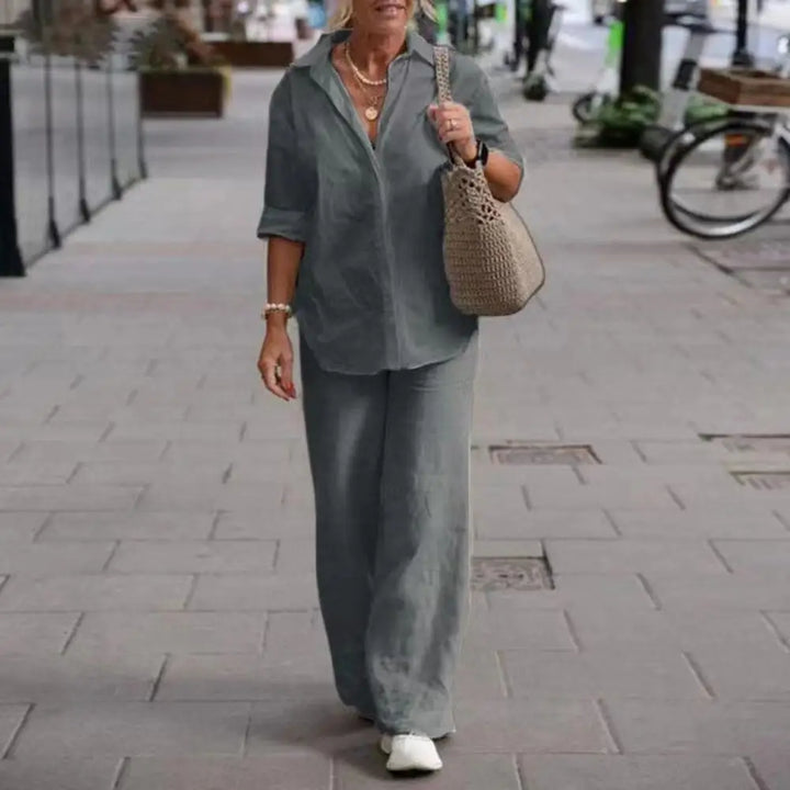 Florence - Relaxed Women's Linen Set with Collared Shirt and Wide Leg Trousers