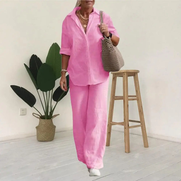 Florence - Relaxed Women's Linen Set with Collared Shirt and Wide Leg Trousers