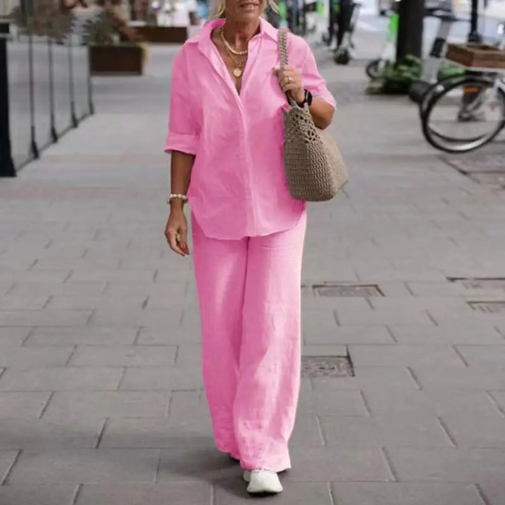 Florence - Relaxed Women's Linen Set with Collared Shirt and Wide Leg Trousers