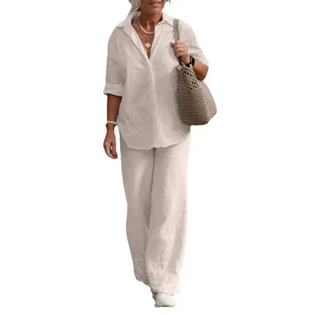 Florence - Relaxed Women's Linen Set with Collared Shirt and Wide Leg Trousers