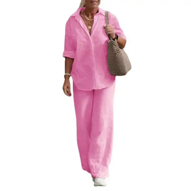 Florence - Relaxed Women's Linen Set with Collared Shirt and Wide Leg Trousers