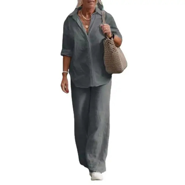 Florence - Relaxed Women's Linen Set with Collared Shirt and Wide Leg Trousers