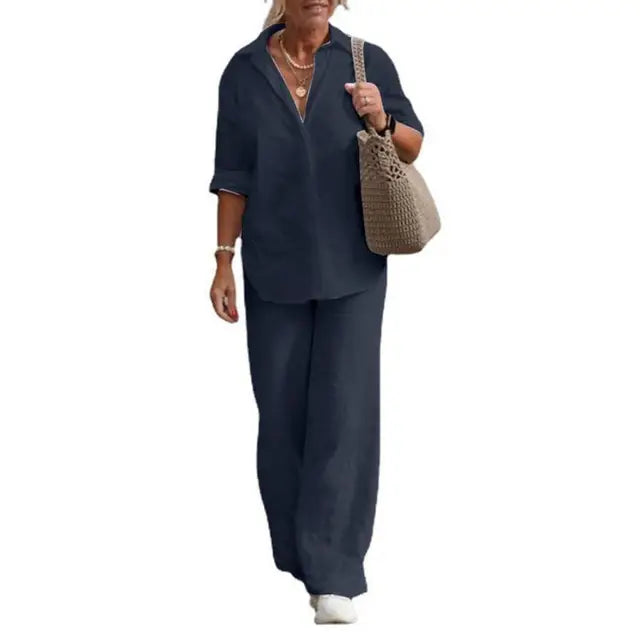 Florence - Relaxed Women's Linen Set with Collared Shirt and Wide Leg Trousers