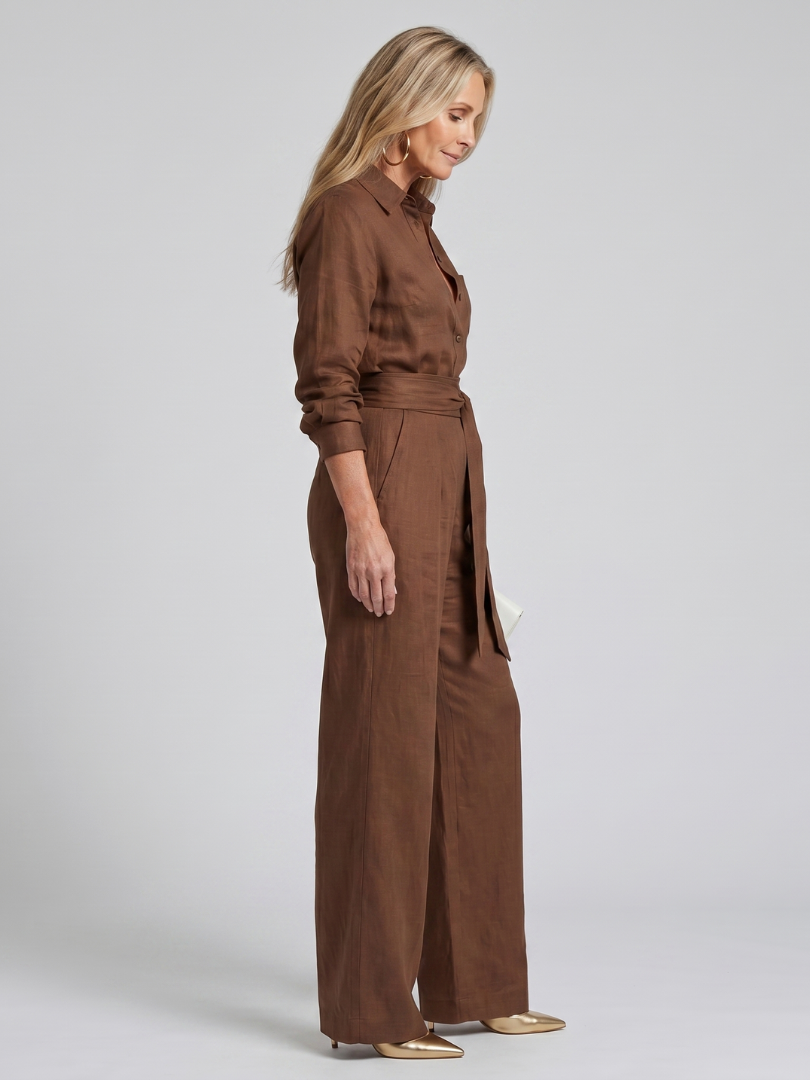 Florence - Smart Women's Wide Leg Linen Jumpsuit with Belted Waist and Long Sleeves