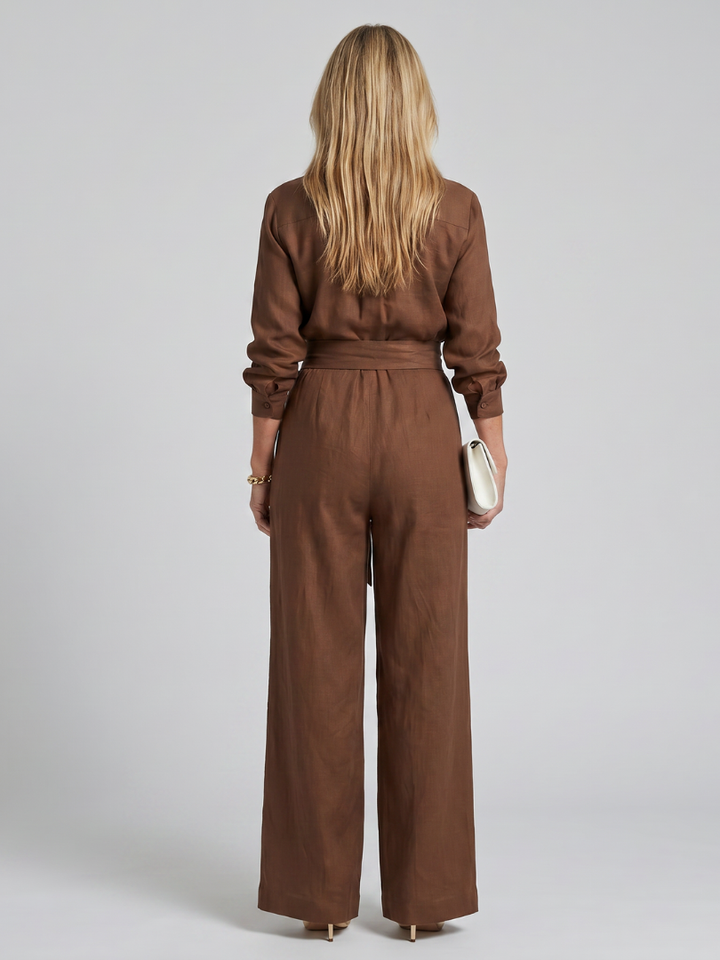 Florence - Smart Women's Wide Leg Linen Jumpsuit with Belted Waist and Long Sleeves
