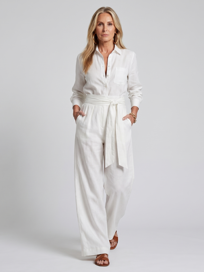 Florence - Smart Women's Wide Leg Linen Jumpsuit with Belted Waist and Long Sleeves