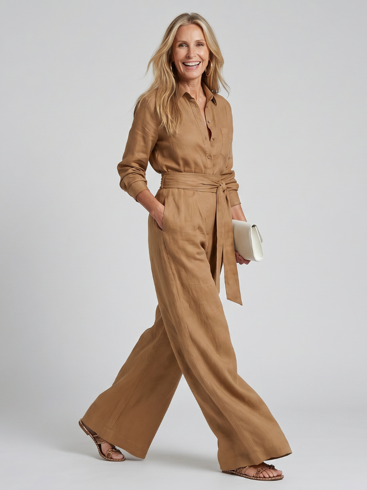 Florence - Smart Women's Wide Leg Linen Jumpsuit with Belted Waist and Long Sleeves