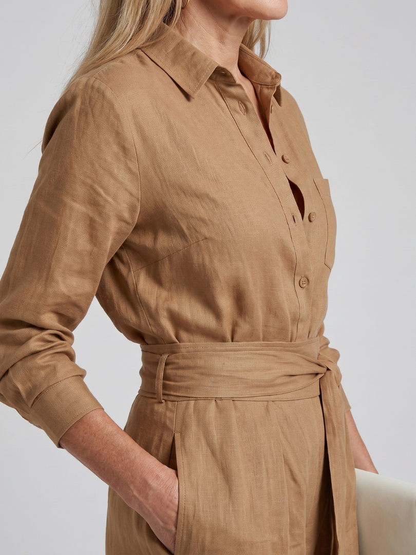 Florence - Smart Women's Wide Leg Linen Jumpsuit with Belted Waist and Long Sleeves