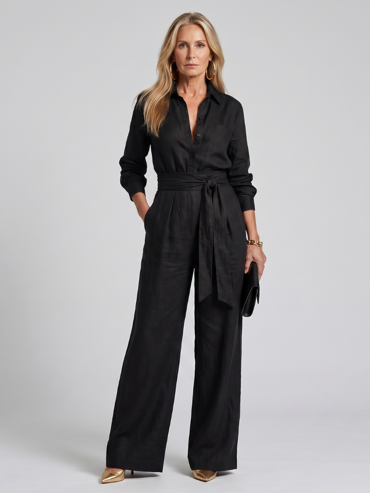 Florence - Smart Women's Wide Leg Linen Jumpsuit with Belted Waist and Long Sleeves