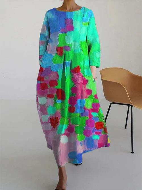Florence - Vintage Women's Linen Dress with Long Sleeves and Pockets