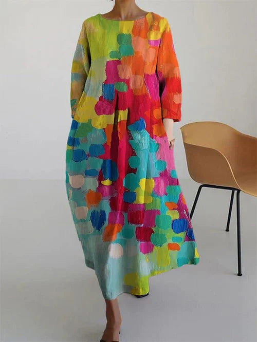 Florence - Vintage Women's Linen Dress with Long Sleeves and Pockets