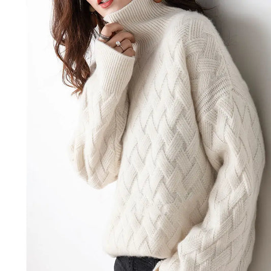 Florence - Women's Jumper Knitted with Turtleneck and Oversized Cable Knit Design