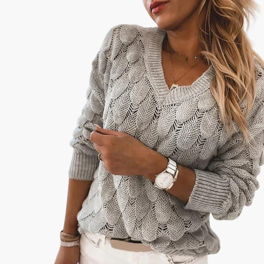 Florence - Women's chunky knitted v neck jumper with long sleeve and ribbed hem