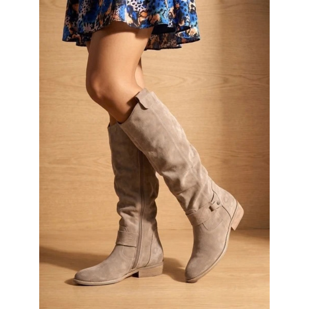 Florence - Women’s comfort knee high boots with block heel and buckle strap