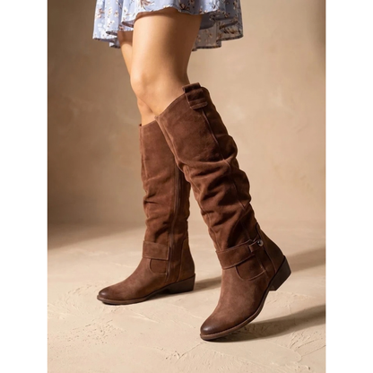 Florence - Women’s comfort knee high boots with block heel and buckle strap