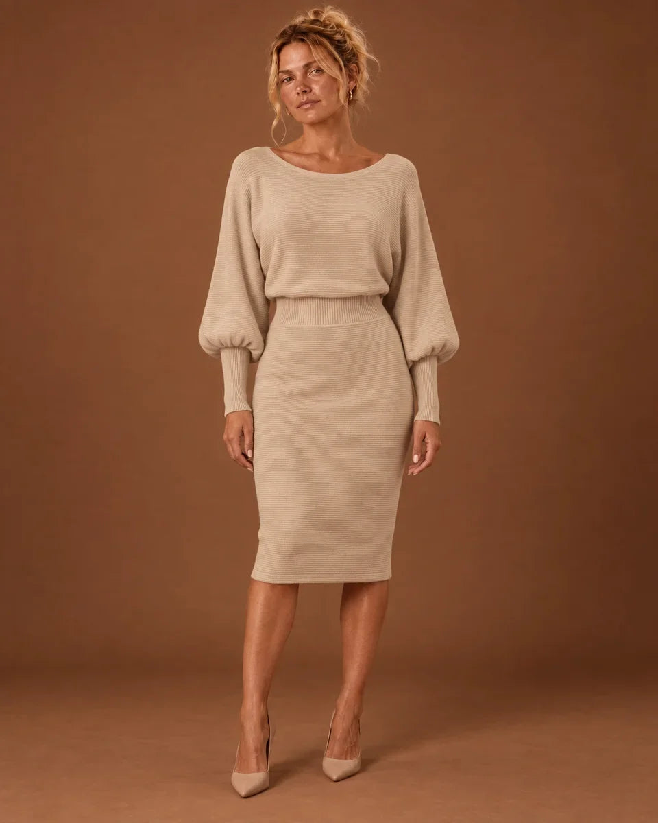 Florence - Women’s elegant knitted midi jumper dress with balloon sleeves